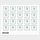 Sticker Carré Cadeau de Noël rose et vert Preppy (Feuille)