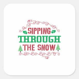 Sticker Carré Cadeau de Noël Sipping À Travers La Neige