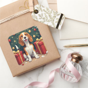 Sticker Carré Cadeau du matin de Noël Beagle - Peinture de débal