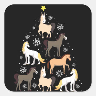 Sticker Carré Cadeau équestre mignon d'arbre de Noël de cheval