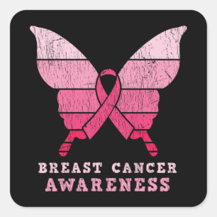 Sticker Carré Cadeau Papillon Ruban Rose Sensibilisation au Canc