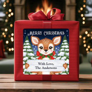 Sticker Carré Cadeau personnalisé de Noël joyeux Renne mignon