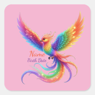 Sticker Carré Cadeau Personnalisé Phoenix Arc-en-Ciel Date de Na