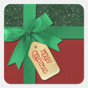 Sticker Carré Cadeau vert de Joyeux Noël de ruban