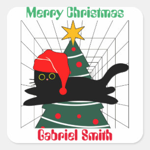 Sticker Carré cadeaux de Noël de chat, nom personnalisé