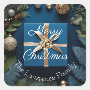 Sticker Carré Cadeaux de Noël Luxueux Bleu Profond et Or