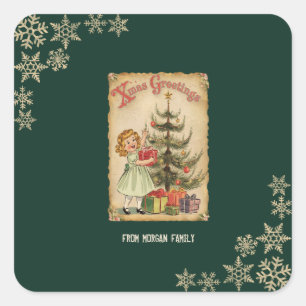 Sticker Carré Cadeaux de petits filles d'arbre de pin vintage fl