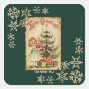 Sticker Carré Cadeaux de petits filles d'arbre de pin vintage fl