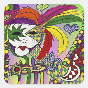 Sticker Carré Cadeaux de vêtements de masques à plumes de Mardi