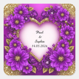 Sticker Carré Cadre Cœur Violet avec Paillettes et Fleurs