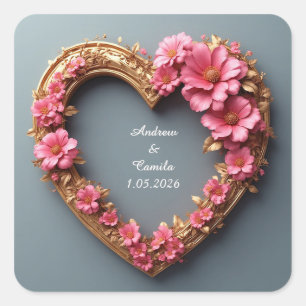 Sticker Carré Cadre de cœur élégant décoré de roses roses