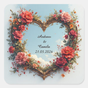Sticker Carré Cadre de mariage Cœur Doré