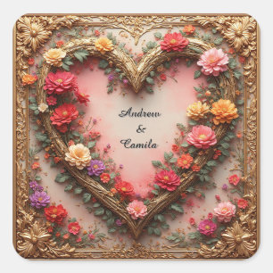 Sticker Carré Cadre de mariage Cœur Doré