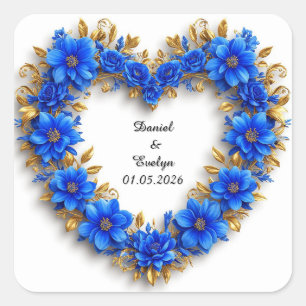 Sticker Carré Cadre de mariage orné floral à coeur fleurs bleues