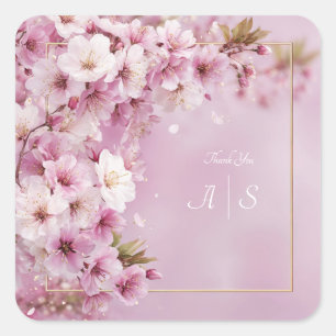 Sticker Carré Cadre doré élégant à fleurs de cerisier roses pour