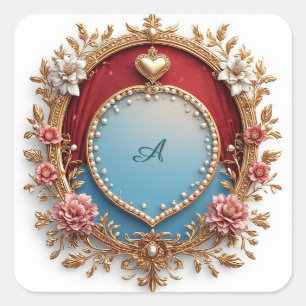 Sticker Carré Cadre doré orné avec gemme en forme de cœur