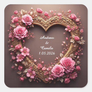 Sticker Carré Cadre en forme de cœur élégant orné de roses roses