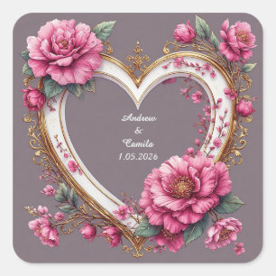 Sticker Carré Cadre en forme de cœur élégant orné de roses roses