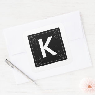 Sticker Carré Cadre et lettre initiale K en monogramme Flourish