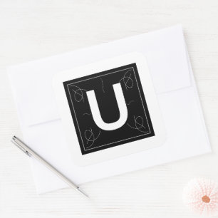 Sticker Carré Cadre et lettre monogramme U de Flourish sur fond