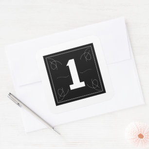 Sticker Carré Cadre et Monogramme Flourish numéro 1 sur fond bla