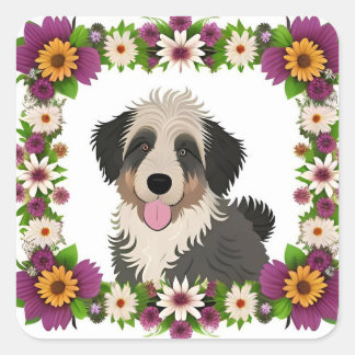 Sticker Carré Cadre floral coloré avec illustration de chien mig