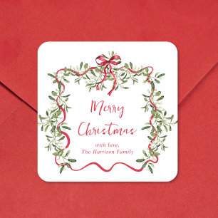 Sticker Carré Cadre ondulé rouge de Noël avec feuillage