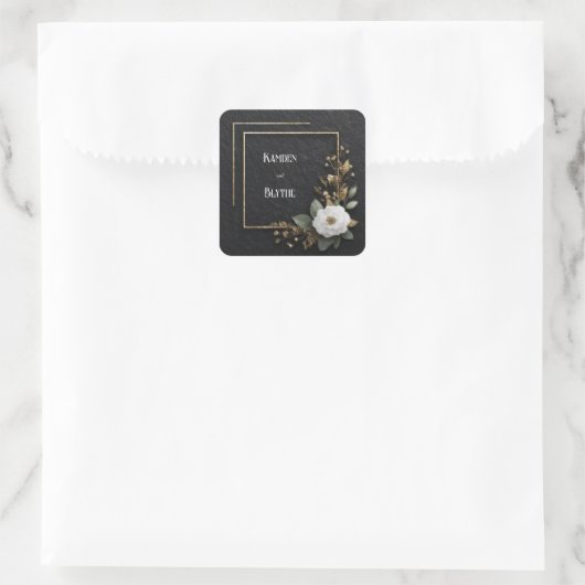 Sticker Carré Cadre Or et Mariage Camellia Blanc (Sac)