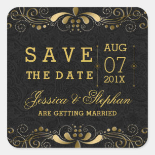 Sticker Carré Cadres Floral Or Noir Économisez La Date