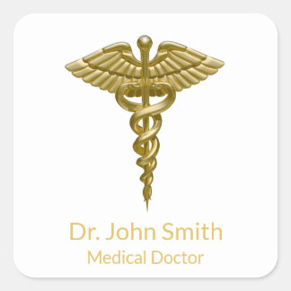 Sticker Carré Caducée d'or Médicale sur blanc