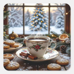 Sticker Carré Café et biscuits de Noël Fenêtre d'hiver Scène