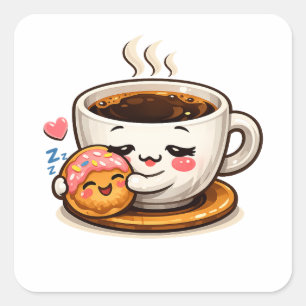 Sticker Carré Café et Donut Mignon Dessin Animé   Conception pou