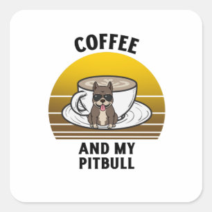 Sticker Carré Café et mon pitbull Retro coucher de soleil vintag