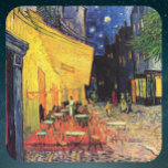 Sticker Carré Café Terrasse à la nuit par Vincent van Gogh<br><div class="desc">Le Café Terrace sur la Place du Forum de Vincent van Gogh est un post impressionnisme d'art vintage, une peinture architecturale de paysage urbain. Vue extérieure d'un restaurant avec tables, chaises, serveurs et personnes à manger. Une belle nuit avec des étoiles dans le ciel à Arles, France. À propos de...</div>
