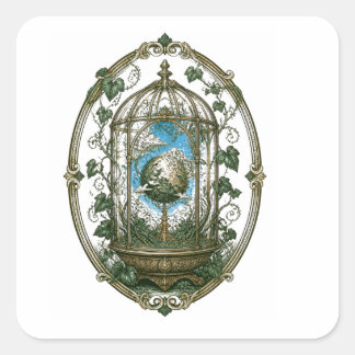 Sticker Carré Cage à oiseaux botanique mystique gothique vintage