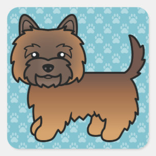 Sticker Carré Cairn Terrier Cartoon Bringé Rouge sur Fond Bleu