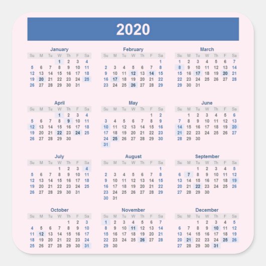 Sticker Carré Calendrier annuel 2020 sur rose pâle (Devant)