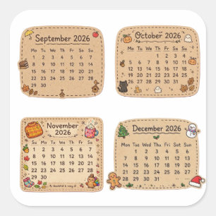 Sticker Carré Calendrier d'automne et d'hiver 2026 Sept-Déc