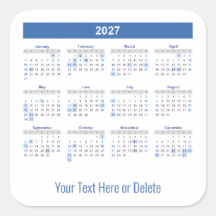 Sticker Carré Calendrier mensuel 2027 avec texte personnalisé en