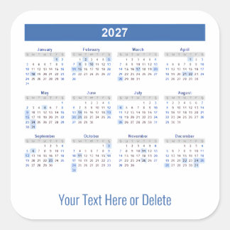 Sticker Carré Calendrier mensuel 2027 avec texte personnalisé en