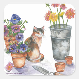 Sticker Carré Calico Cat Pansies Maisies Aquarelle "Don Juan"