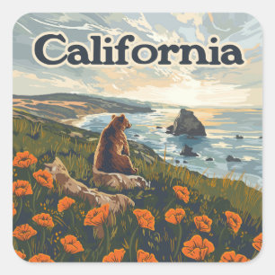 Sticker Carré Californie Bear Poppies Fleurs Côte Retro