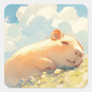 Sticker Carré Câlins de capybaras dans l'herbe