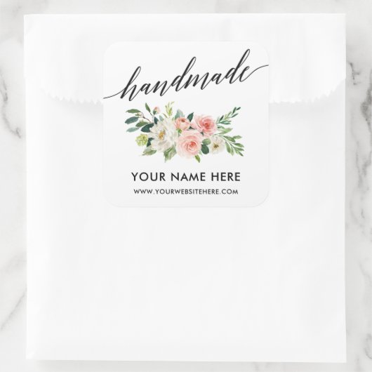 Sticker Carré Calligraphie artisanale rose blanc Floral Petit (Sac)