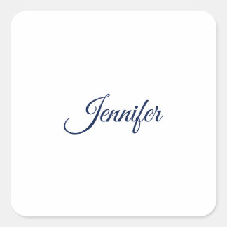 Sticker Carré Calligraphie Élégant Bleu Blanc Simple Nom