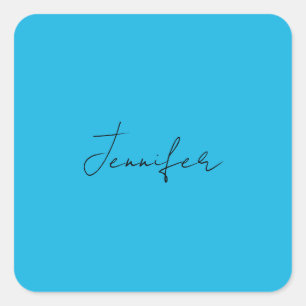 Sticker Carré Calligraphie Élégante Plaque Simple Nom Bleu