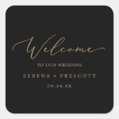 Sticker Carré Calligraphie Or Délicate | Mariage noir Bienvenue (Devant)