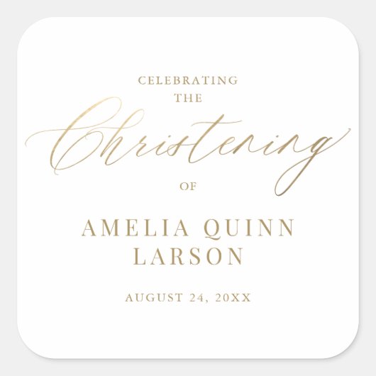 Sticker Carré Calligraphie Or Simple Elegant Script Christening (Devant)