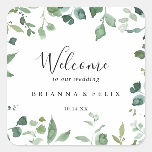 Sticker Carré Calligraphie Script Green Foliage Mariage Bienvenu (Devant)
