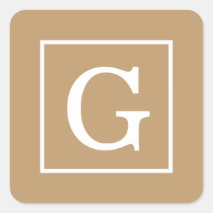 Sticker Carré Camel Brown blanc encadré Monogramme initial